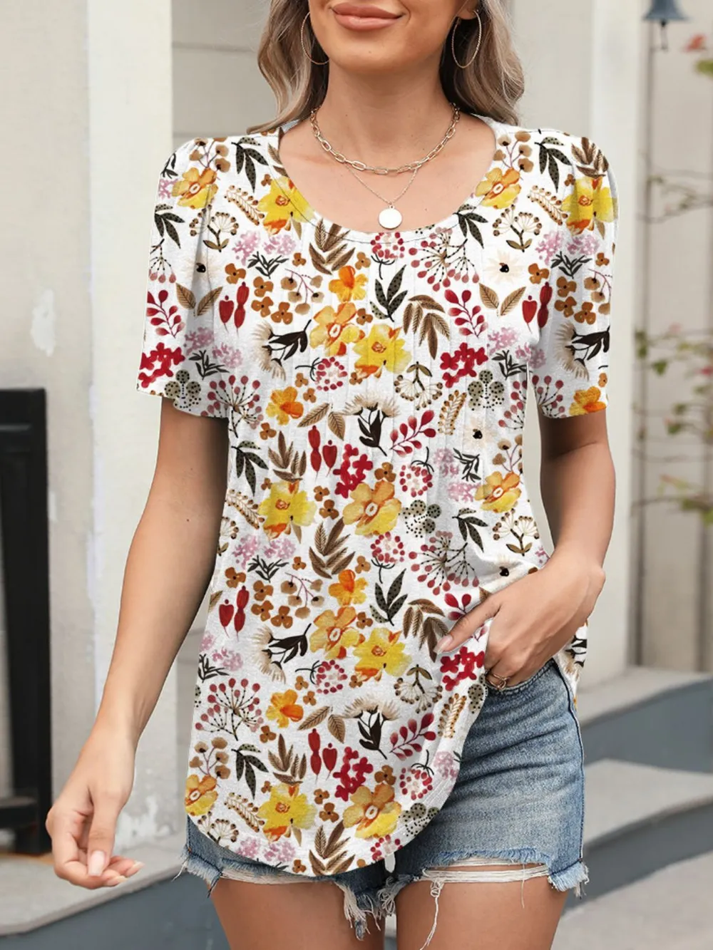 Floral Round Neck Short Sleeve Top, image 6