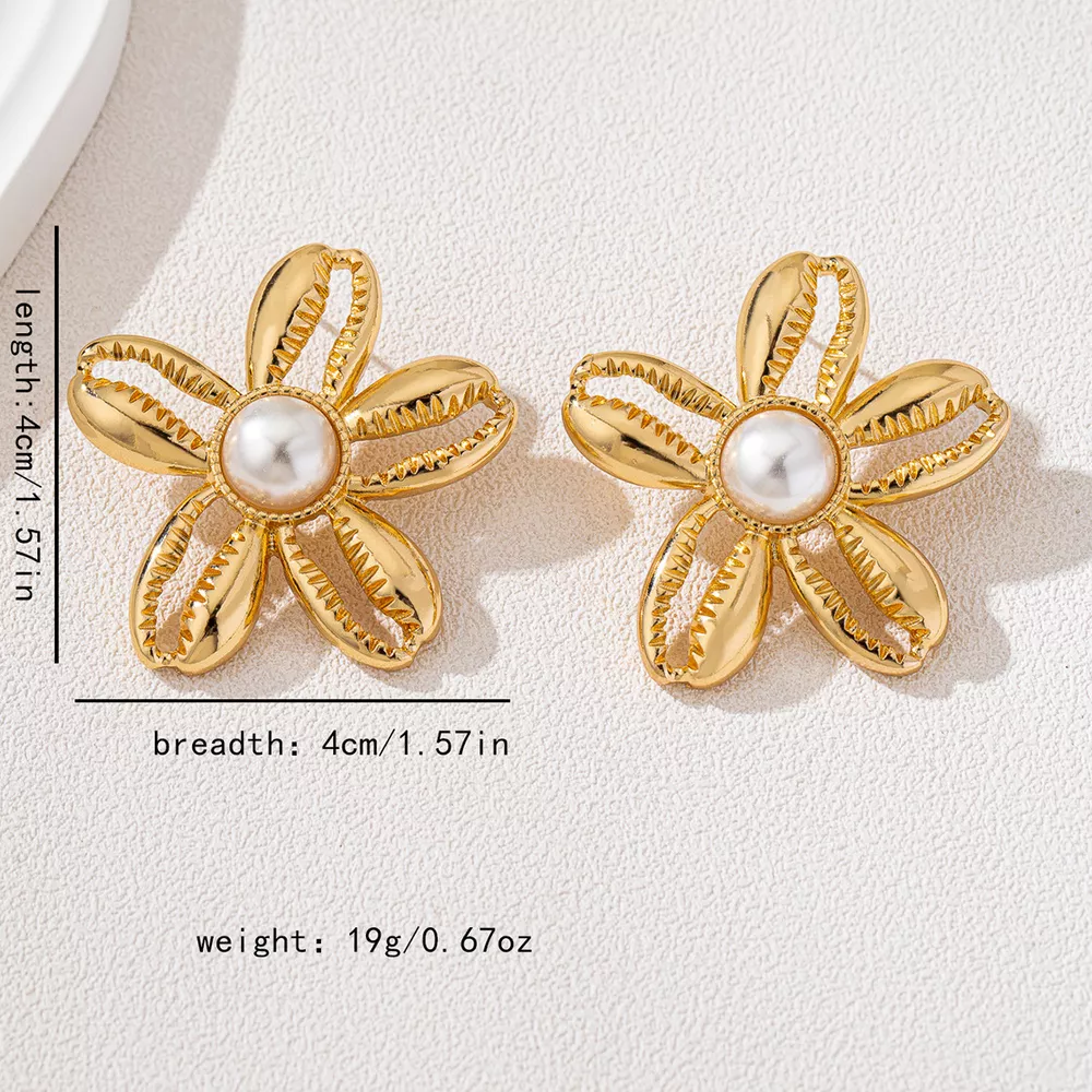 18K Gold-Plated Gold Flower Synthetic Pearl Stud Earrings, image 4