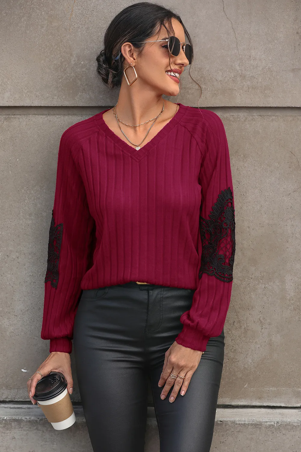 Ribbed Lace Detail V-Neck Sweater, image 4