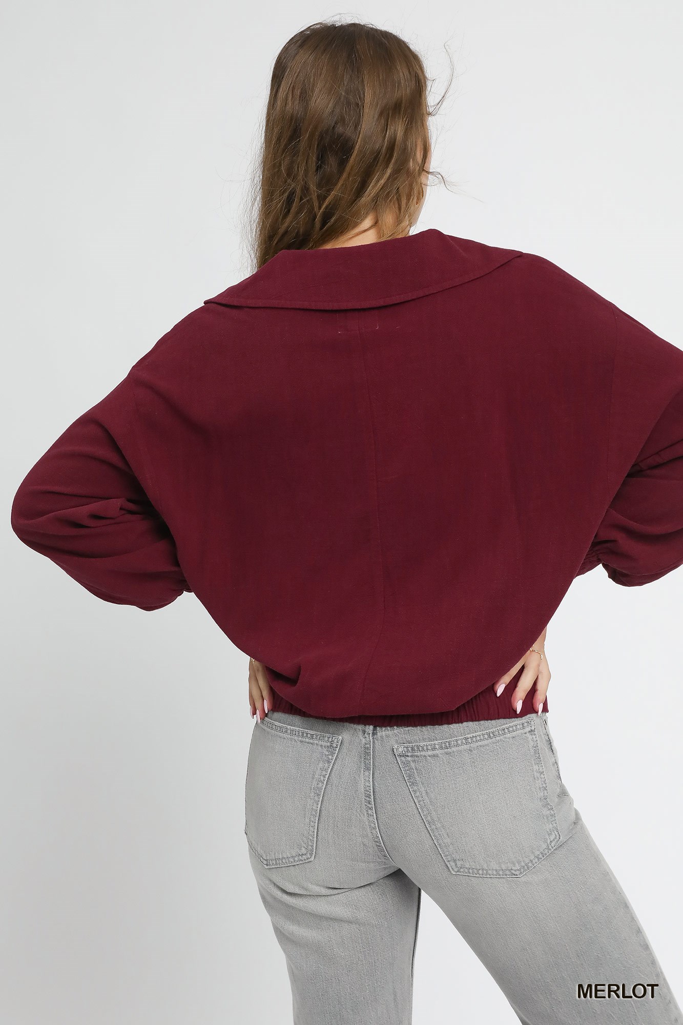 Linen Long Sleeves Elastic Hem Blouse, image 3