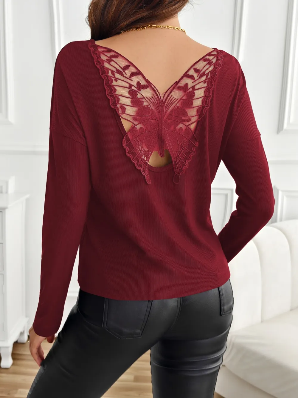 Lace Detail Butterfly Back Round Neck Long Sleeve T-Shirt, image 2