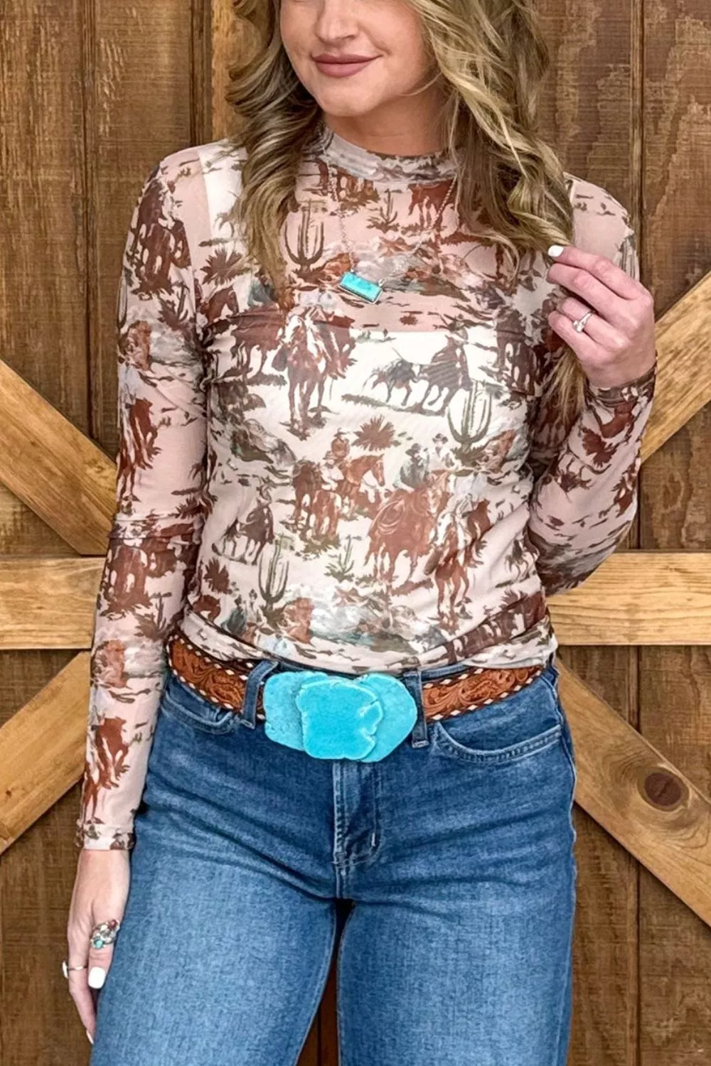 Western Scene Mesh Long Sleeve Top, image 3