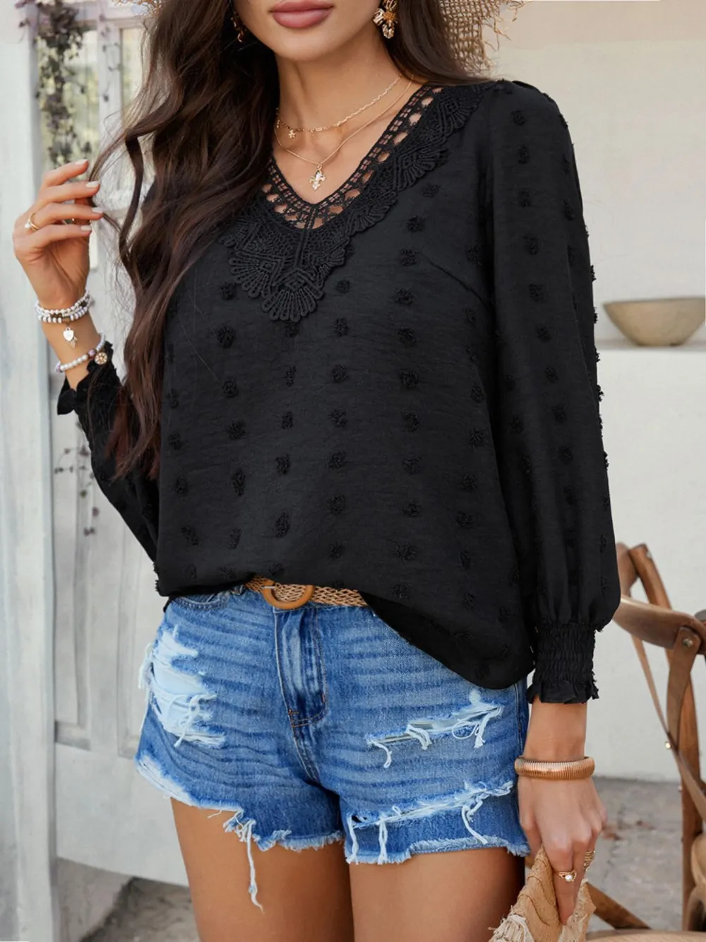 Swiss Dot Lace Detail V-Neck Long Sleeve Blouse, image 23