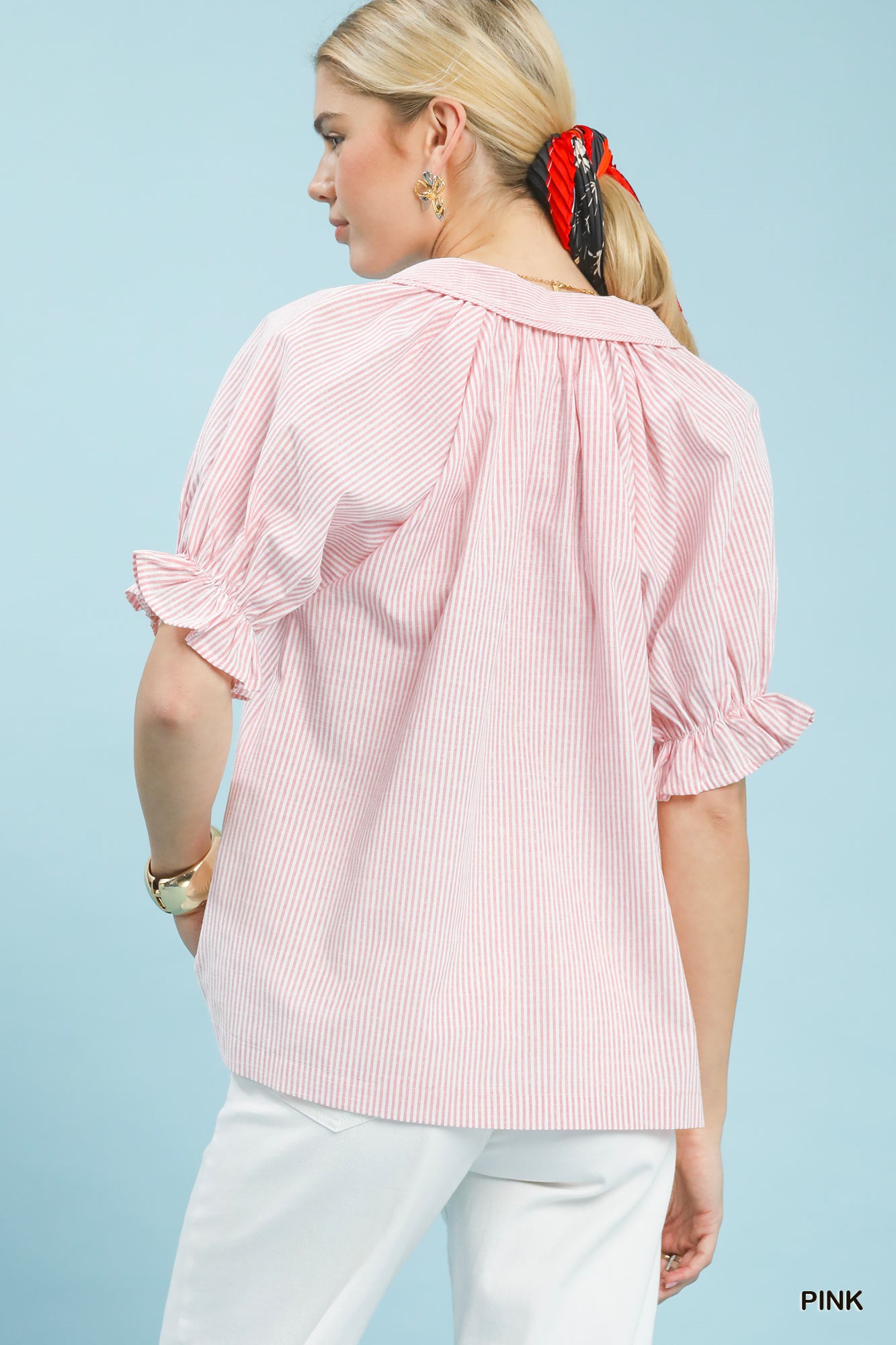 Pinstripe V-Neck Ruffle Sleeve Blouse, image 3
