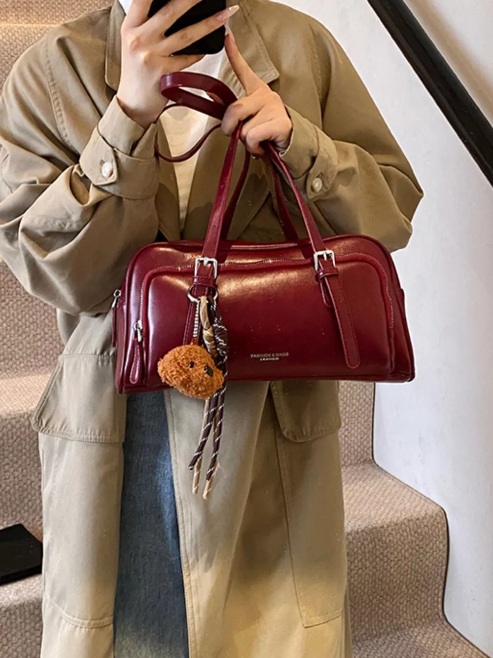 Vintage Style Leather Shoulder Bag with Charm, image 4