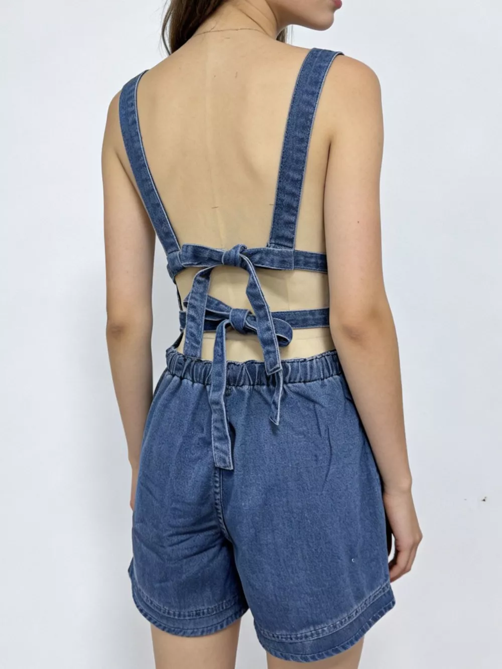 Casual Tie Back Denim Overall Shorts, image 5