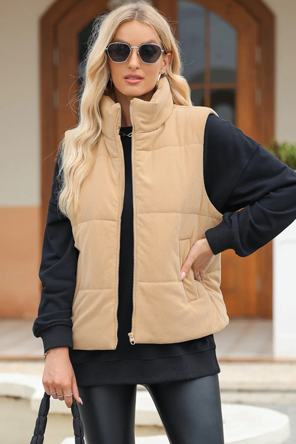 Pocketed Zip Up Turtleneck Vest Coat, image 19
