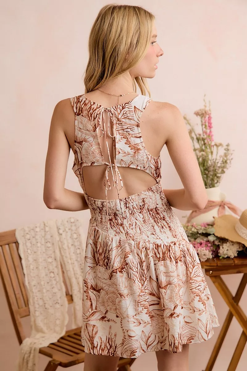 Shell Print Smocked Fit And Flare Mini Lined Dress, image 29
