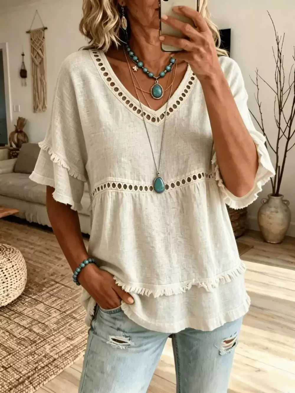 Eyelet V-Neck Frayed Edge T-Shirt, image 4