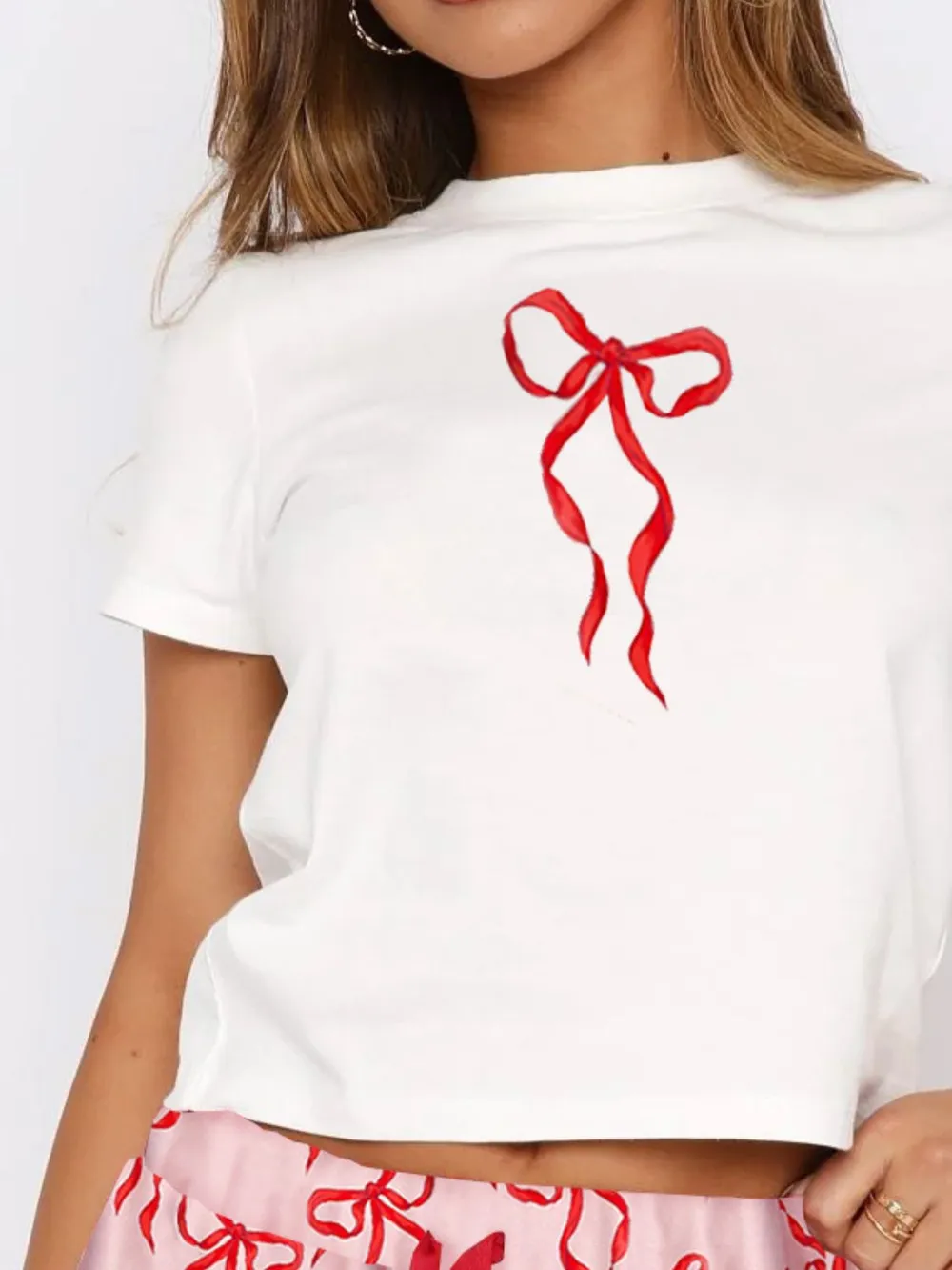 Printed Round Neck Short Sleeve Top and Drawstring Shorts Set, image 19