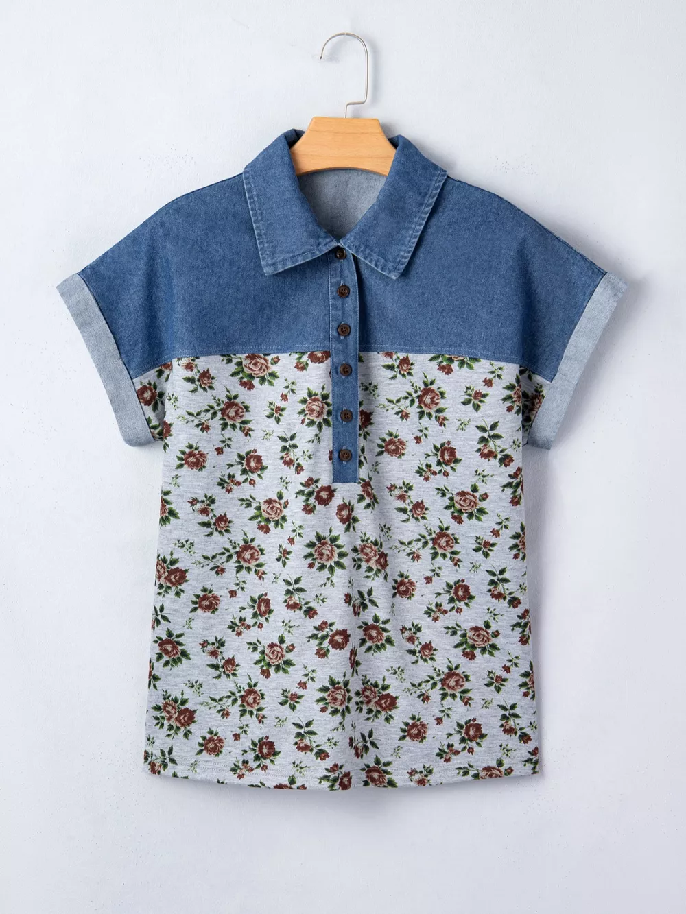 Floral Print Denim Patchwork Blouse, image 6