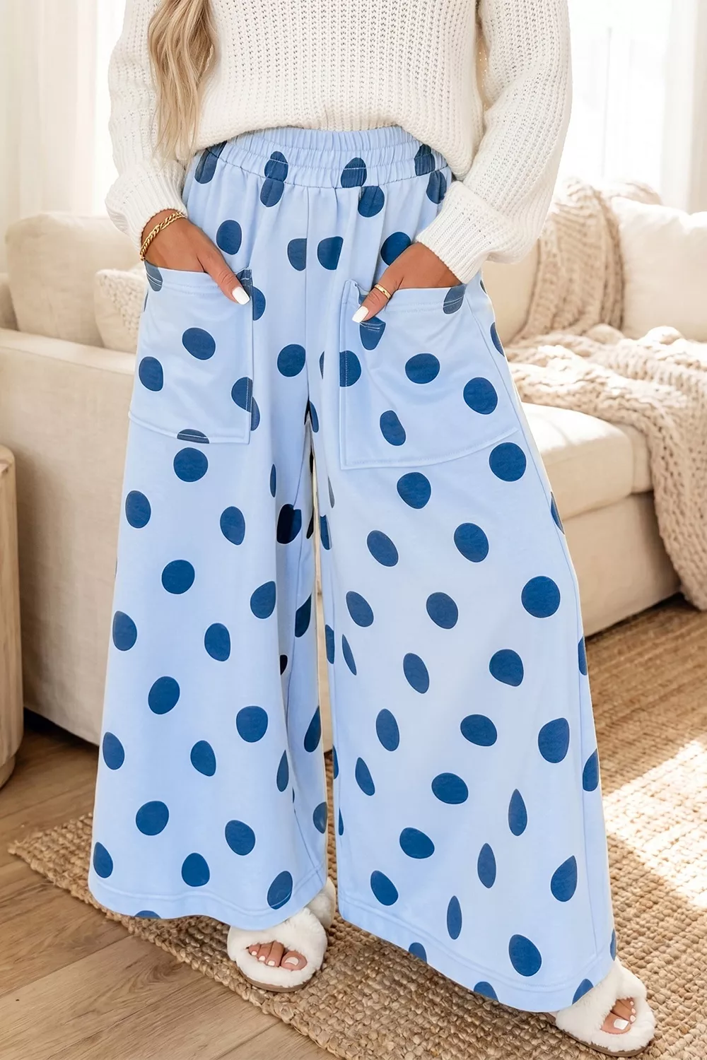 Polka Dot Wide Leg Elastic Waist Casual Pants, image 4