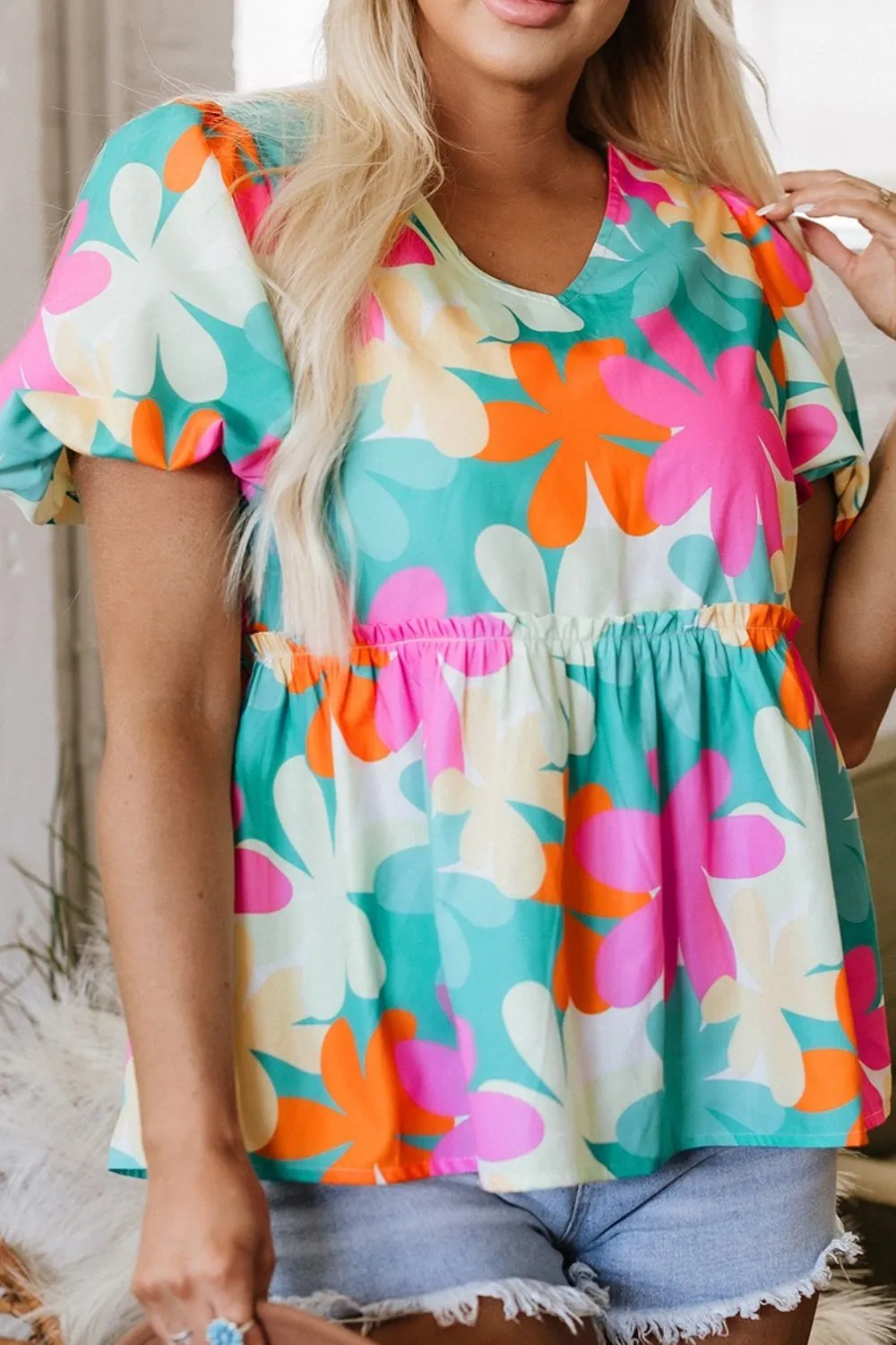 Floral Print Bubble Sleeve V Neck Peplum Blouse, image 11