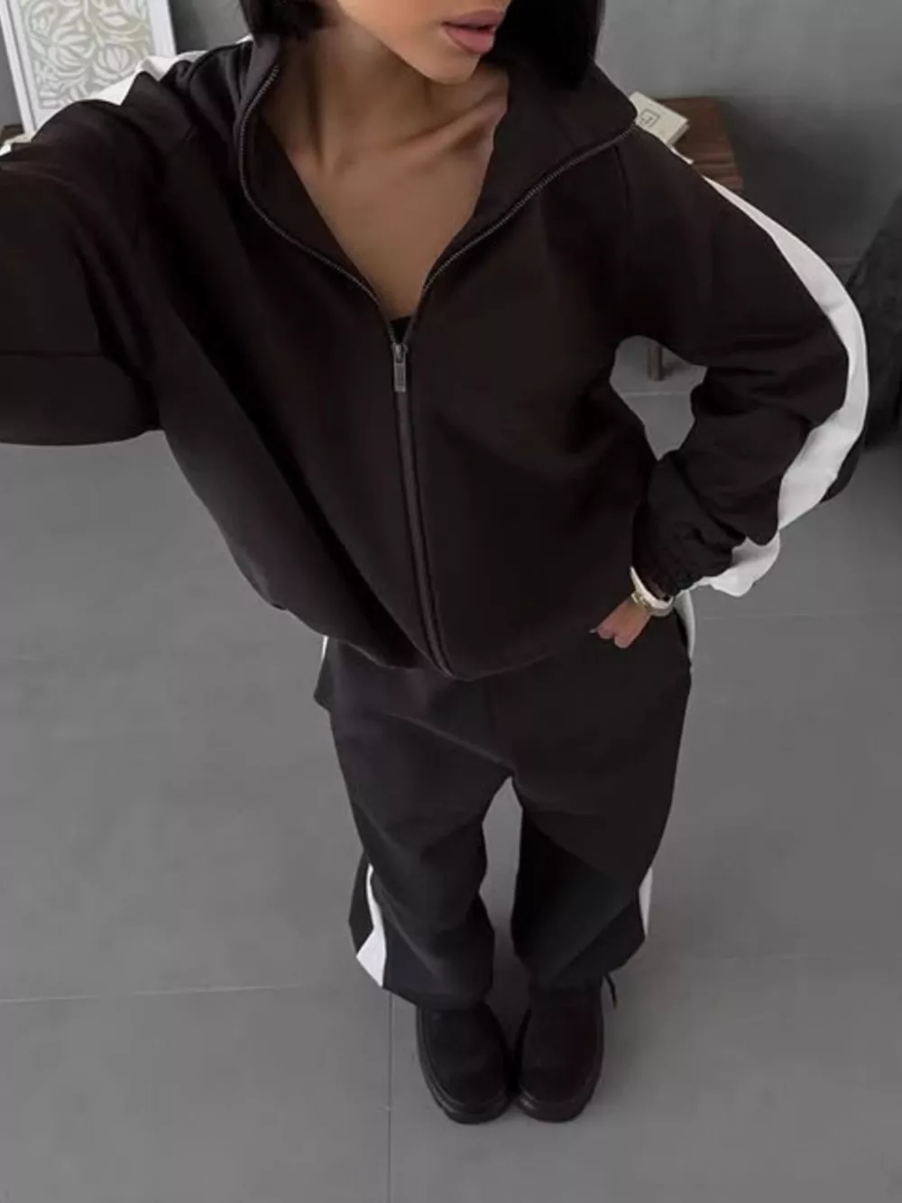 Contrast Side Stripe Zip Up Top and Pants Set, image 5