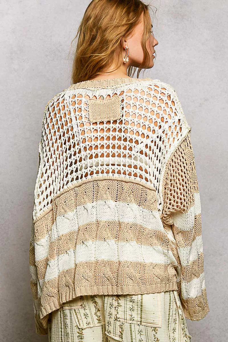 Color-Blocked Stripe Pattern Knit Top with Twisted Weave, image 4