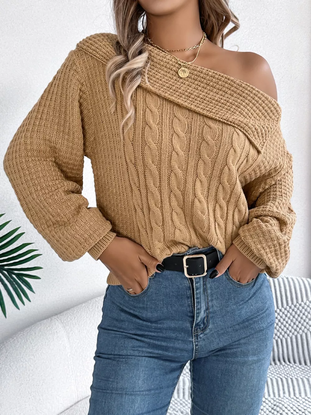Off-Shoulder Cable Knit Sweater, image 15