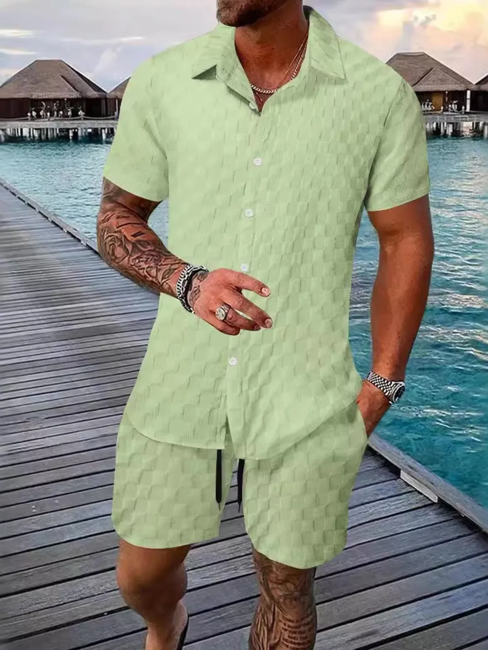 Men's Full Size Collared Neck Short Sleeve Top and Shorts Set Plus Size, image 6