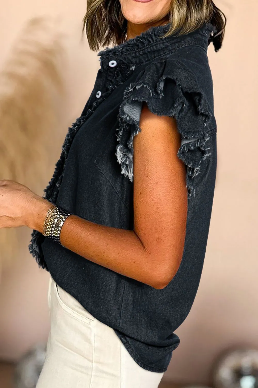 Button Down Raw Hem Ruffled Denim Shirt, image 14