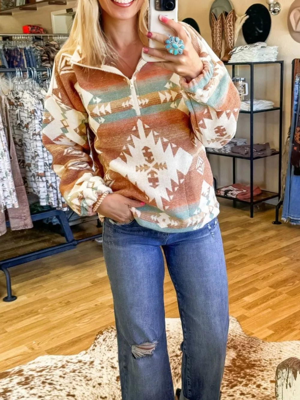 Quarter Zip Elastic Cuffs Aztec Sweatshirt, image 5