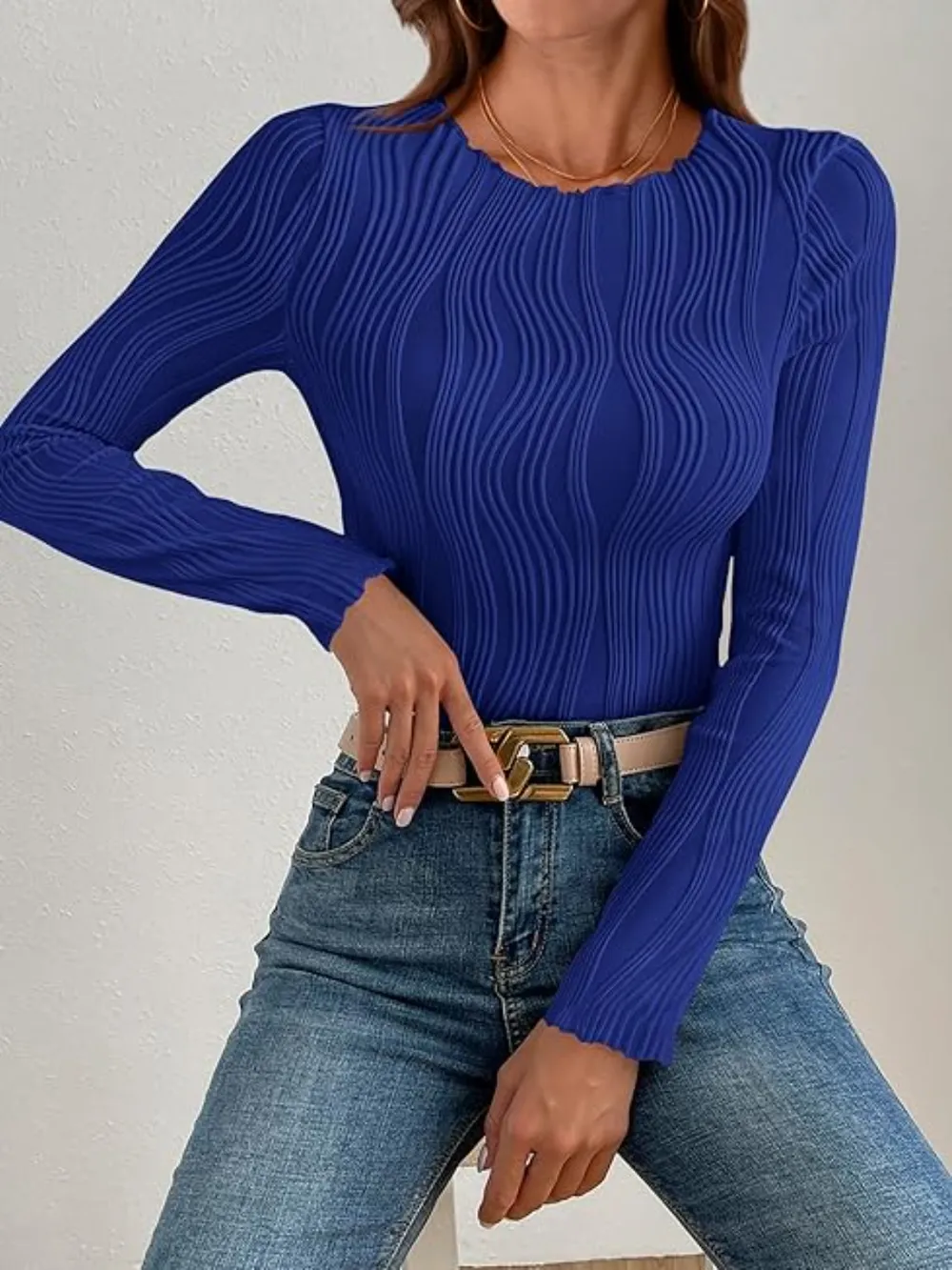 Textured Round Neck Long Sleeve Top, image 20