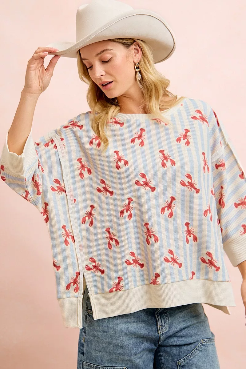 4th Of July Lobsters Stripe Waffle Knit Sleeve Top, image 3