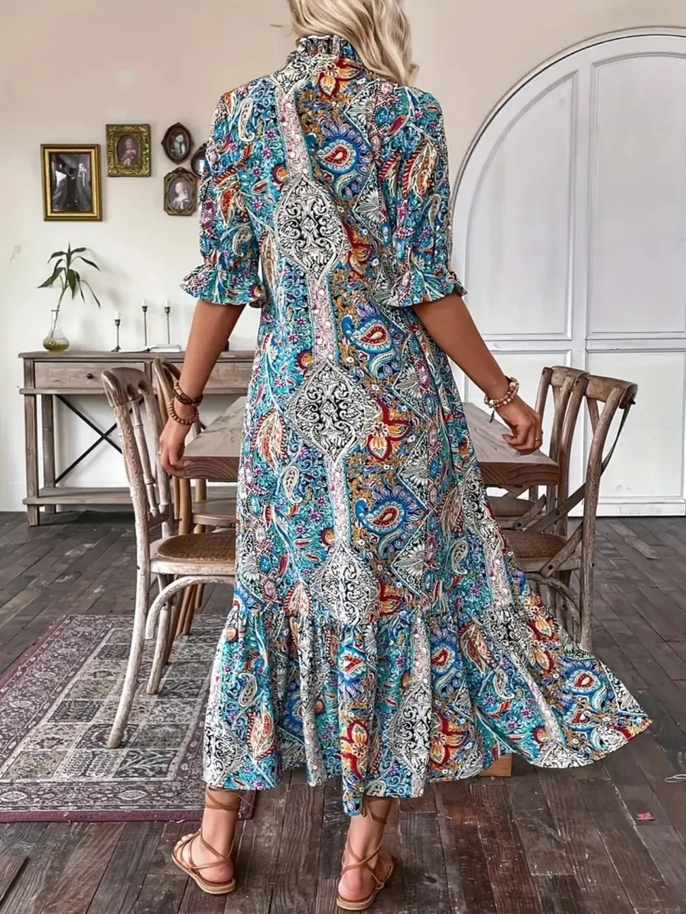Printed Tie Neck Flounce Sleeve Midi Dress, image 12