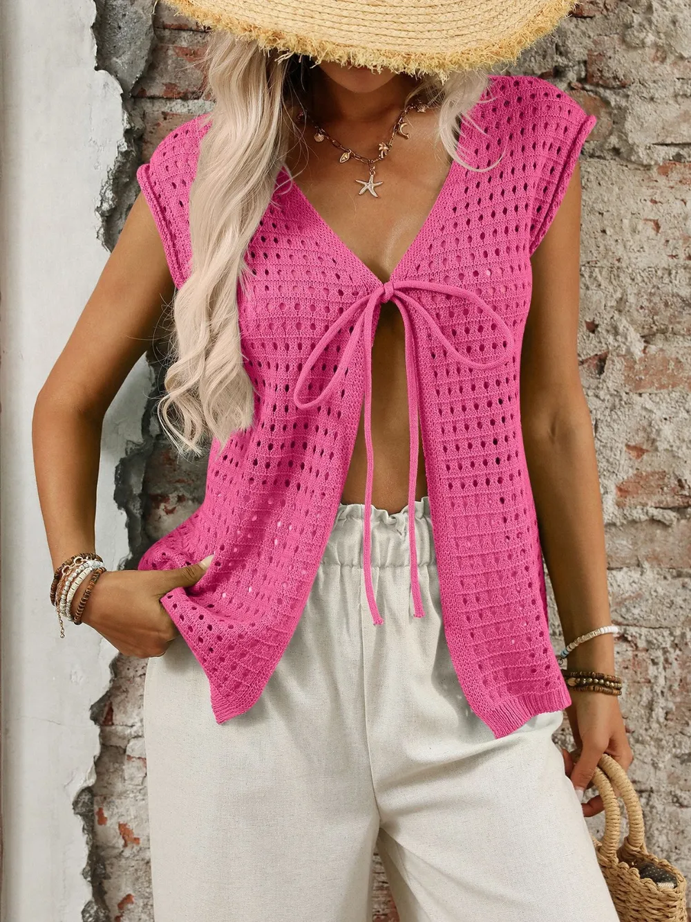Tied Front Openwork V-Neck Knit Top, image 16