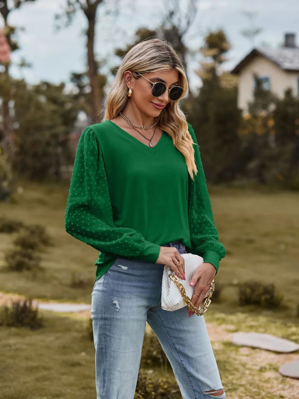 Swiss Dot V-Neck Long Sleeve Blouse, image 17