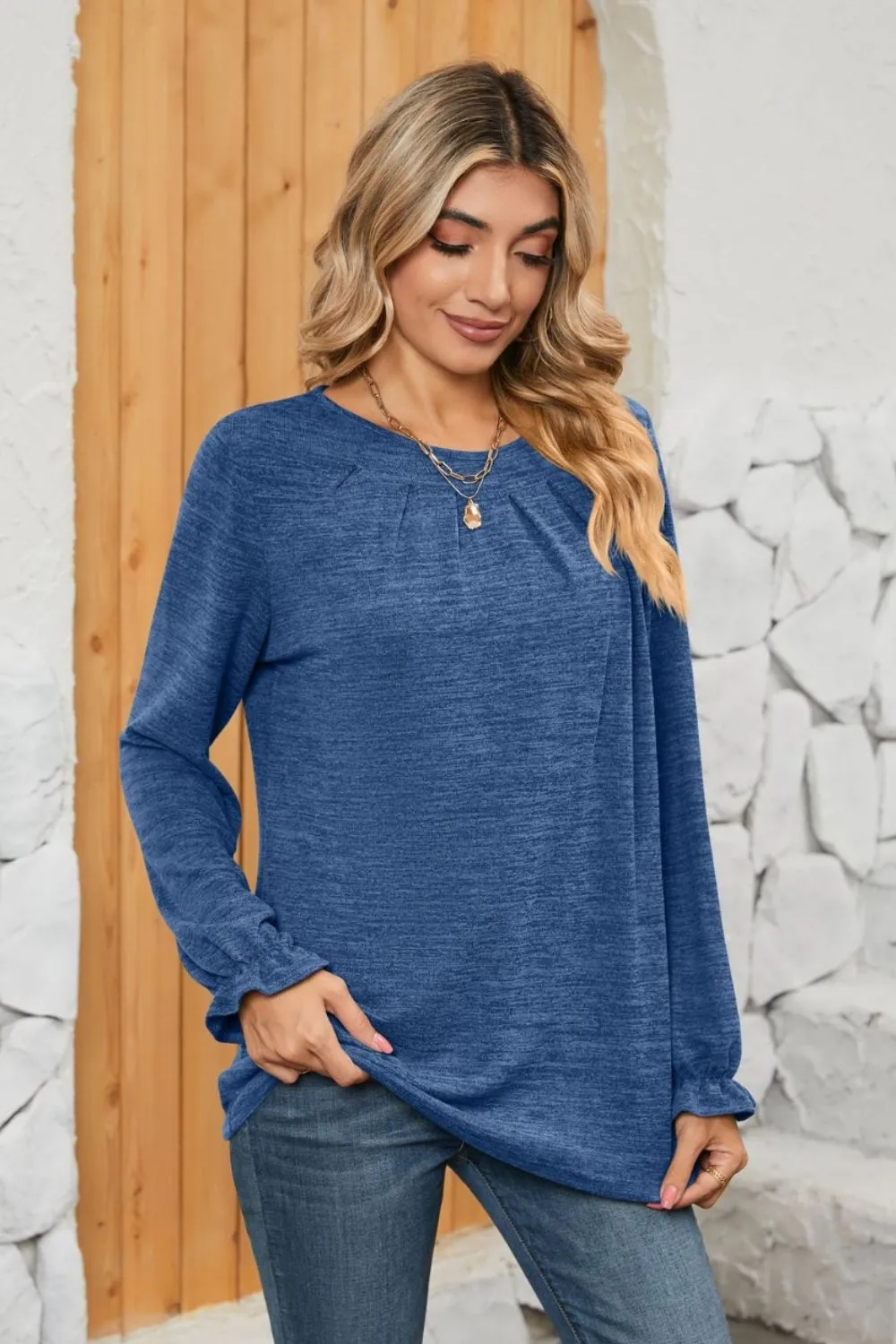 Ruched Round Neck Flounce Sleeve T-Shirt, image 8