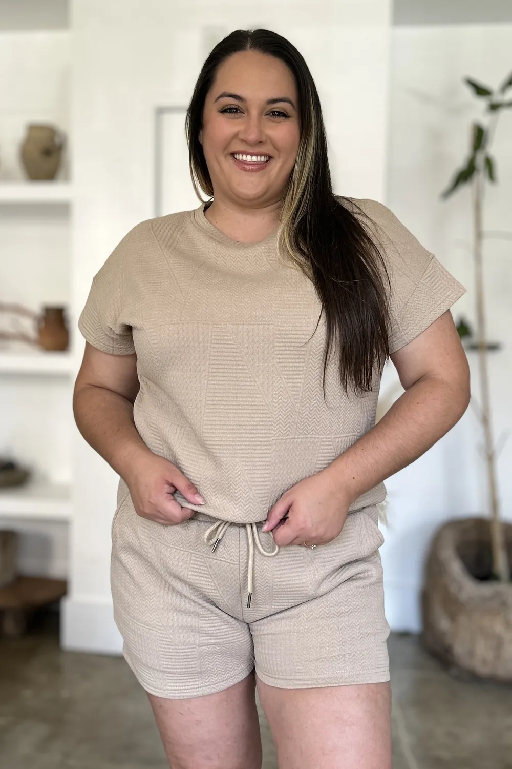Full Size Texture Short Sleeve Top and Shorts Set, image 32