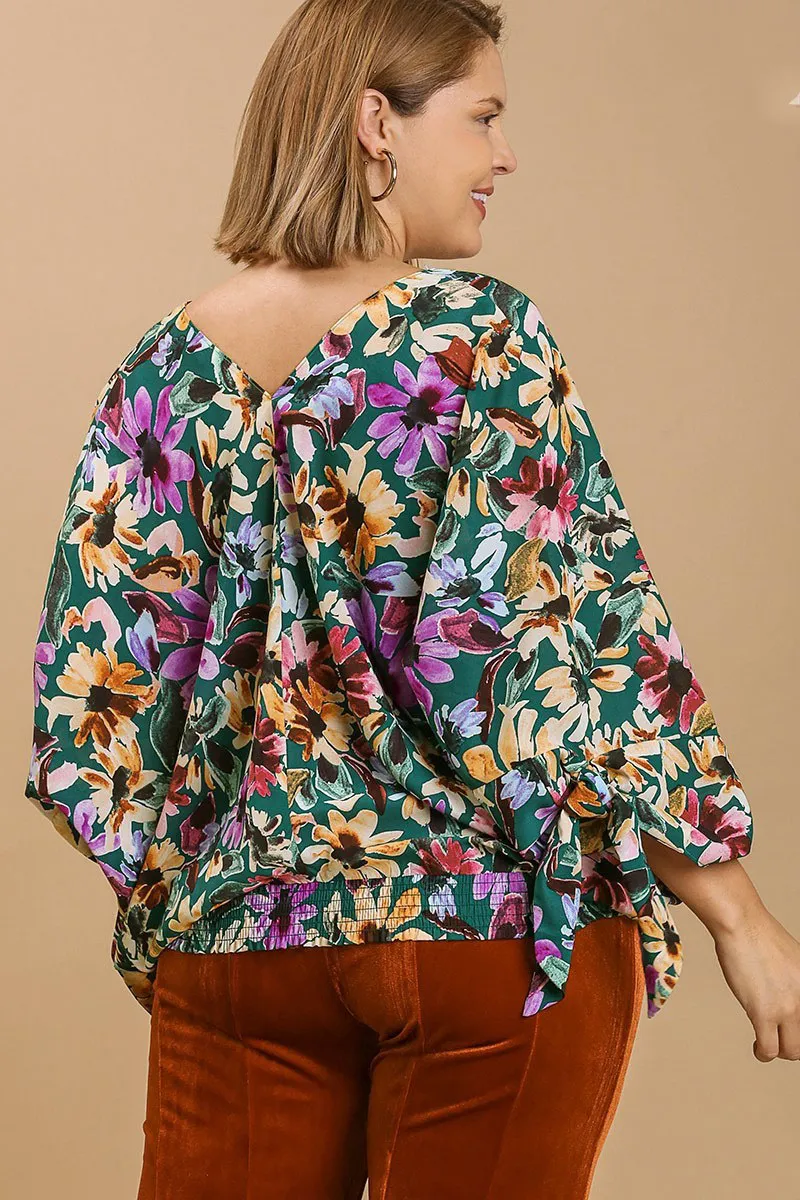 Full Size Floral V-Neck Tie Sleeve Blouse Plus Size, image 6