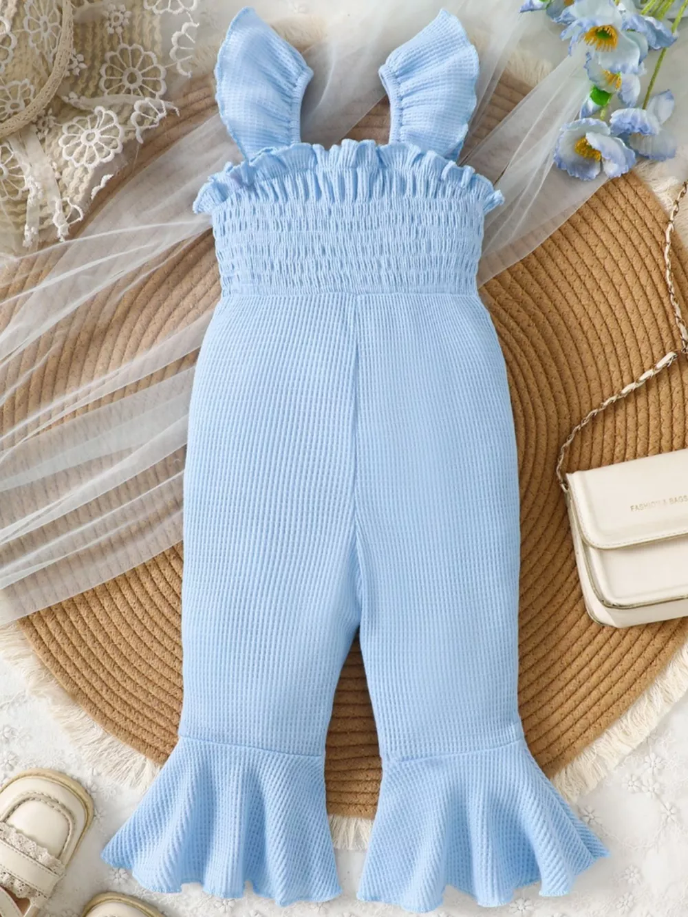 Children's Floral Decor Smocked Ruffle Hem Jumpsuit, image 8