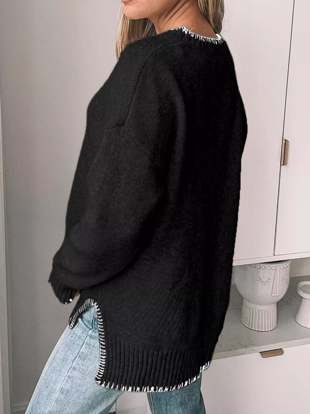 Slit Contrast Trim Round Neck Sweater, image 6