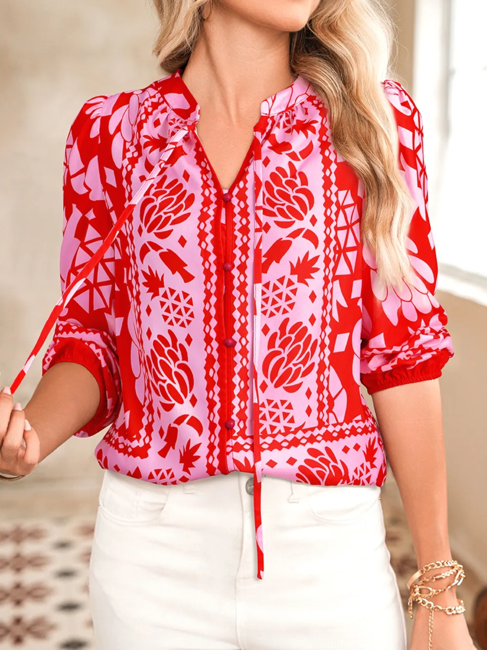 Floral Print Tie-Neck Button Down Shirt