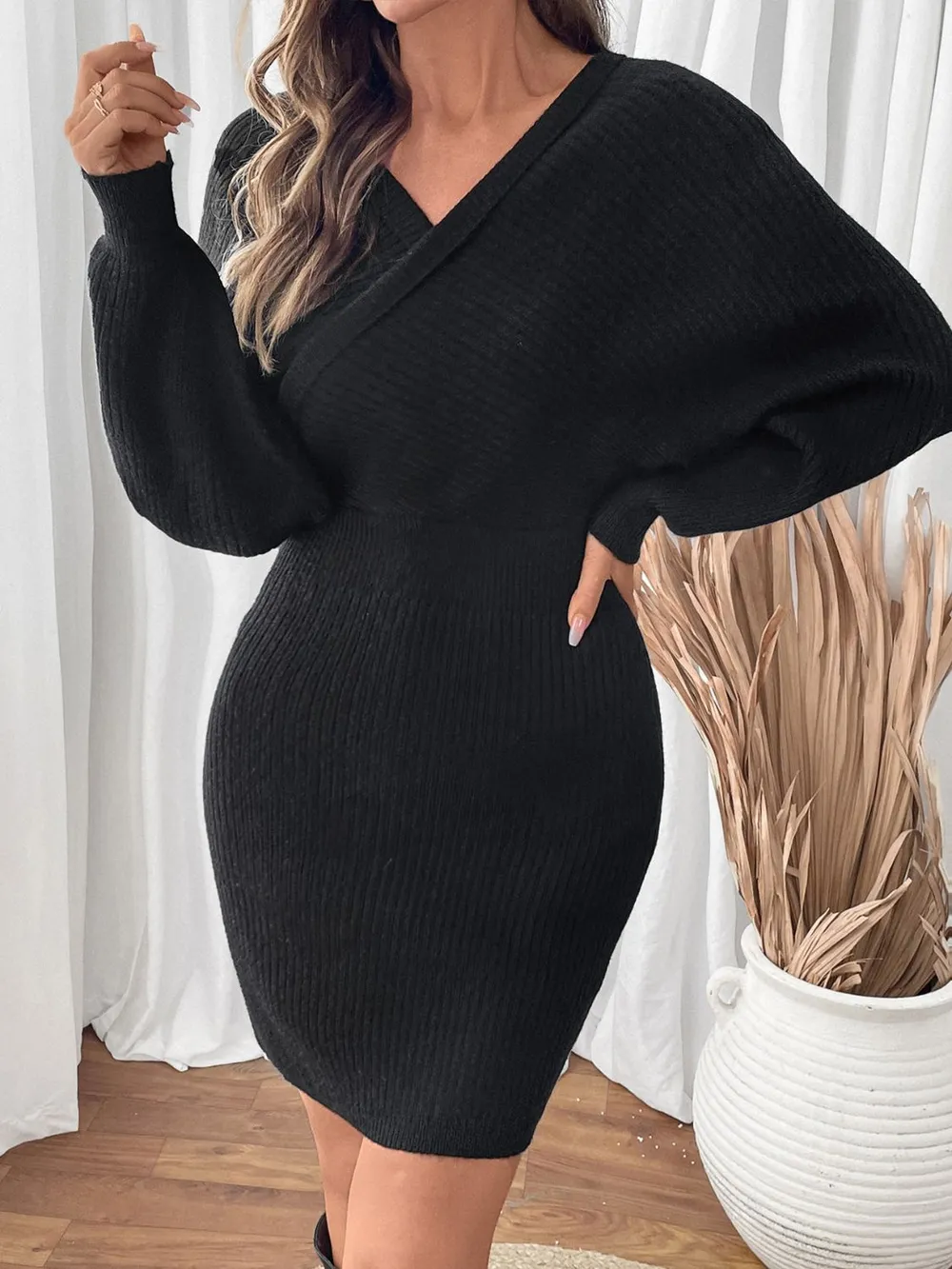 Surplice Long Sleeve Sweater Dress, image 4