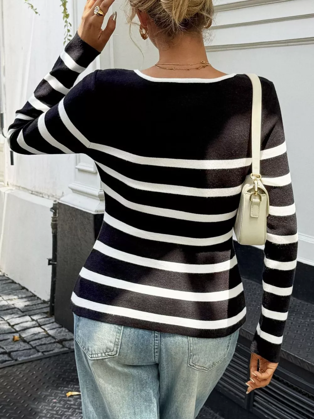 Striped Button-Up Knit Cardigan, image 8