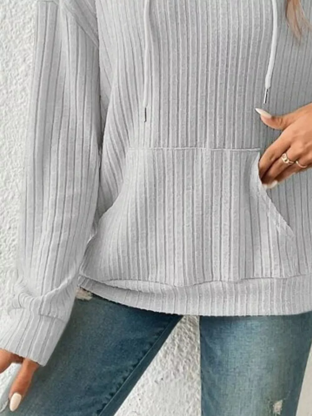 Ribbed Knit Long Sleeve Drawstring Hoodie, image 4