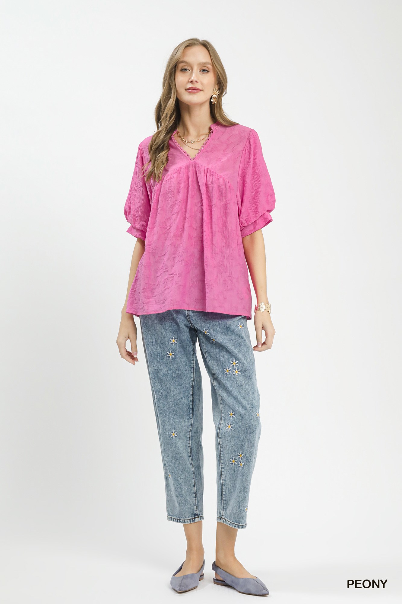 Textured Lace Trim V-Neck Boho Blouse, image 3