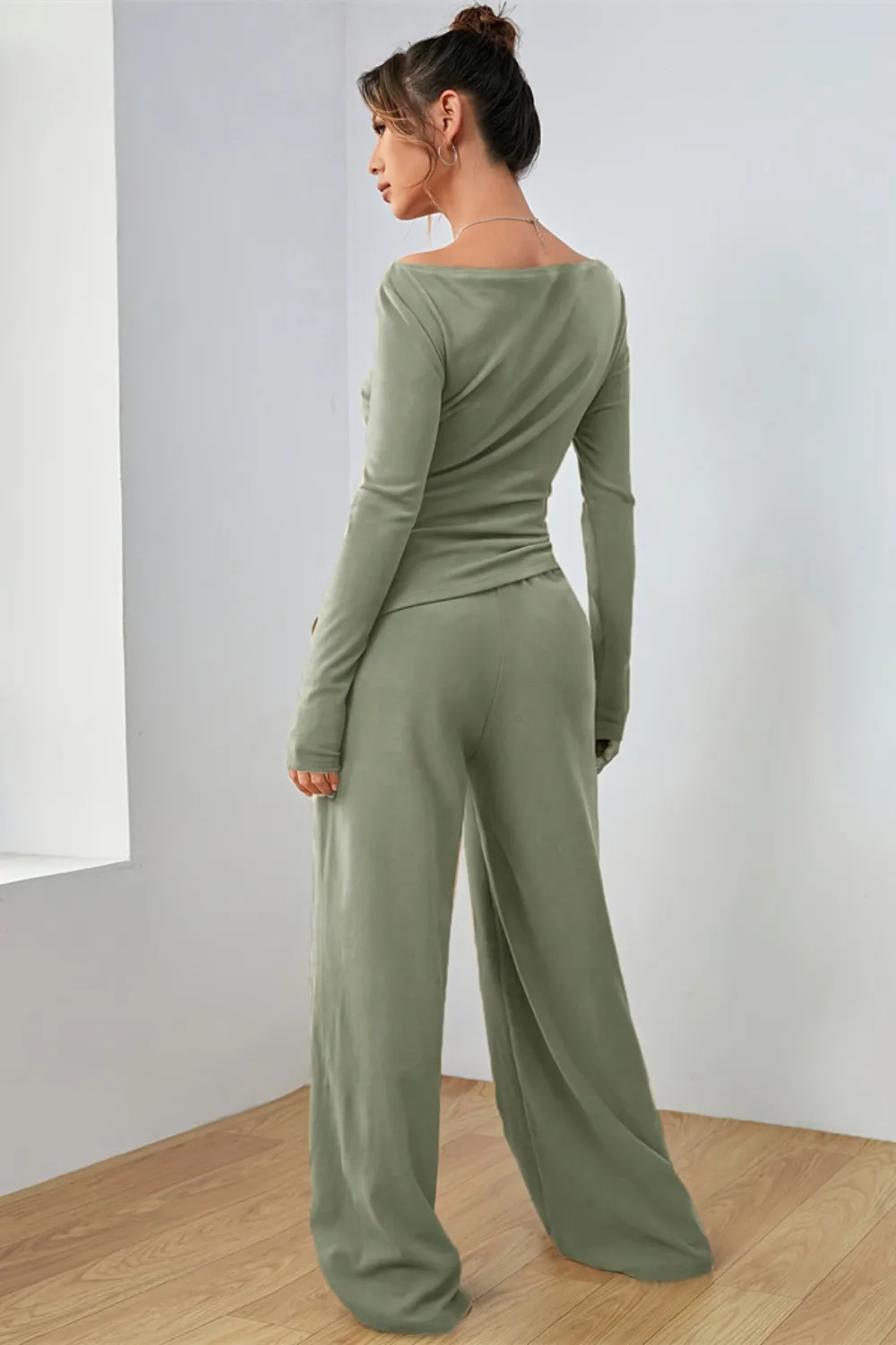Boat Neck Long Sleeve Top and Pants Set, image 3