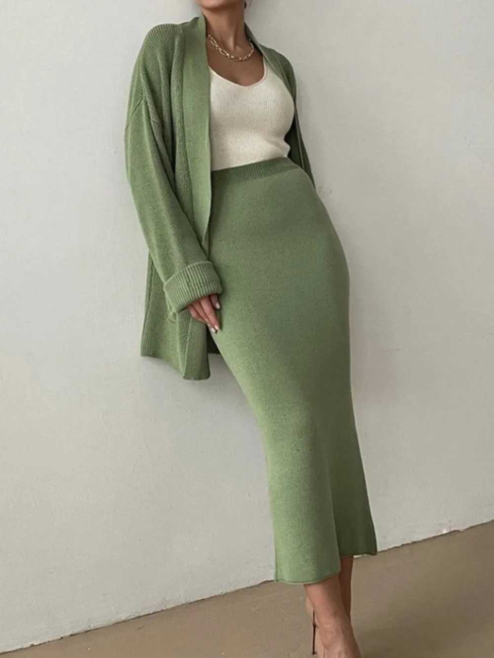 Pocketed Long Sleeve Cardigan and Skirt Sweater Set, image 10