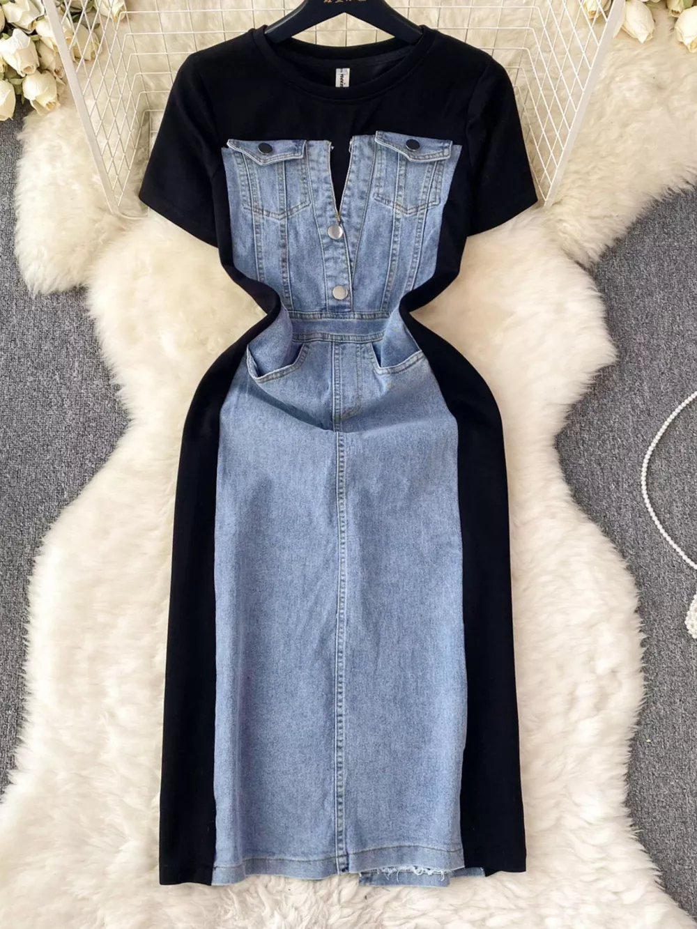 Full Size Denim Patchwork Short Sleeve Slit Back Dress Plus Size, image 5