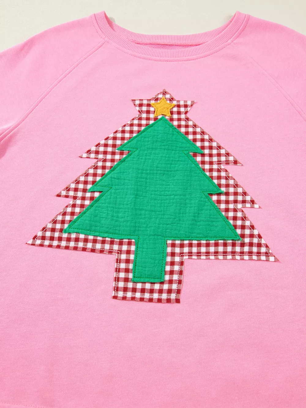 Plaid Contrasted Double Christmas Tree Patched Raglan Sleeve Pullover 2pcs Short Set, image 11