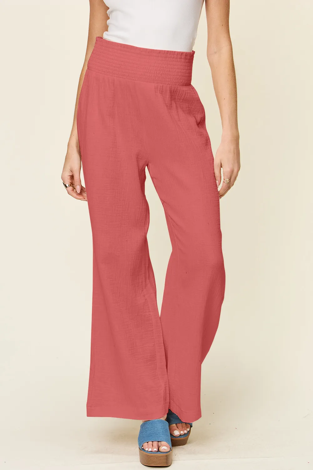 Full Size Texture Smocked Waist Wide Leg Pants, image 2