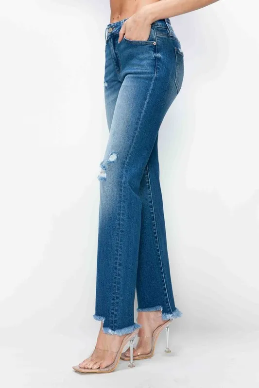 Full Size Raw Hem Distressed Mid Rise Straight Jeans, image 14