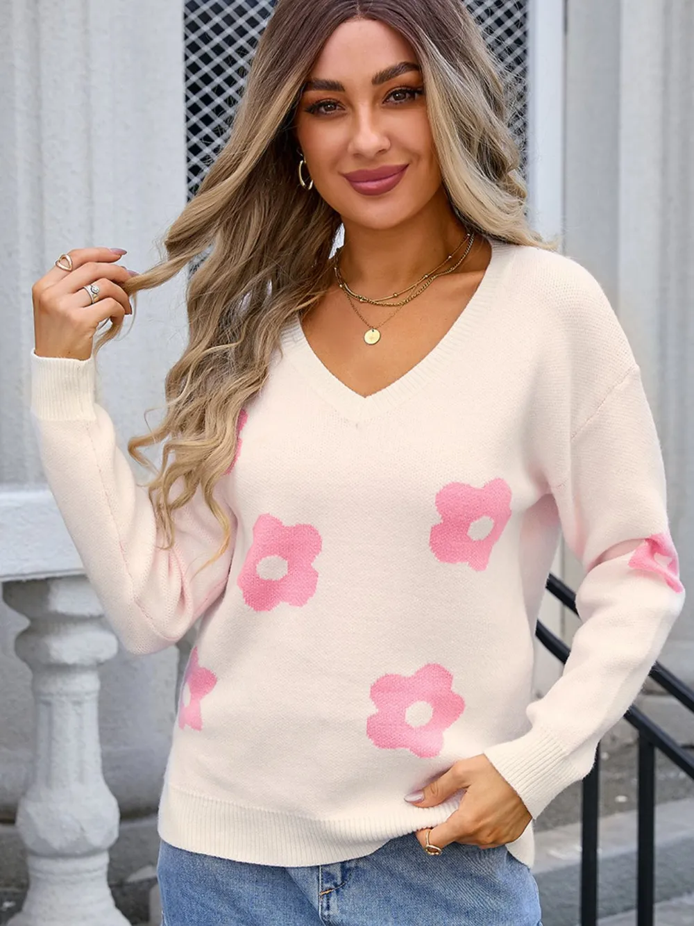 Flower V-Neck Long Sleeve Sweater, image 6