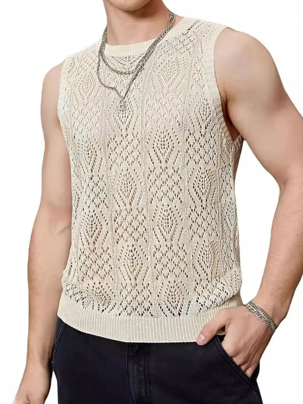 Men's Openwork Round Neck Tank, image 2