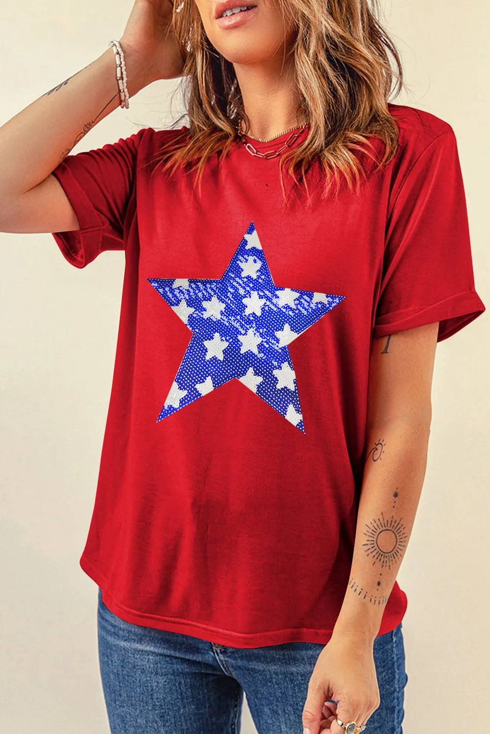 Sequin Star Round Neck Short Sleeve T-Shirt, image 5