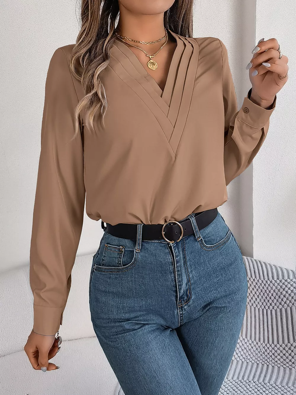 Layered V-Neck Long Sleeve Blouse, image 13