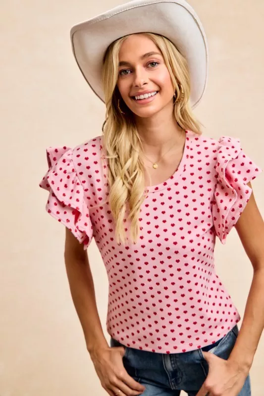 Heart Patterned Knit Ruffled Sleeves Top, image 3