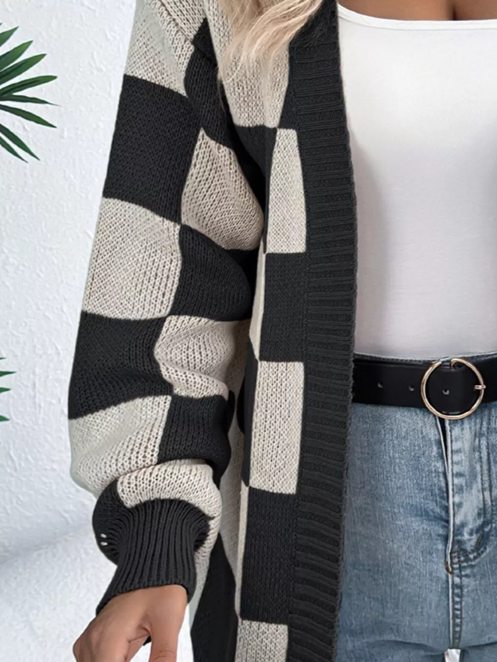 Checkerboard Pattern Open Front Knit Cardigan, image 4